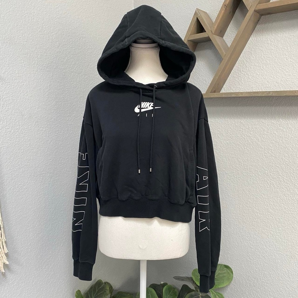 NIKE AIR BLACK CROP HOODIE WHITE SPELL OUT LONG SLEEVE PULLOVER ACTIVEWEAR GYM